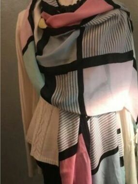 Kate Spade Modernist Colorblock Pastel Scarf with Black Grid Trim